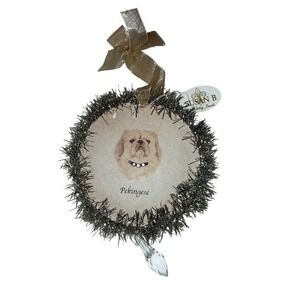 Susan B Holiday Jewel Pekingese Dog Wreath Ornament Tinsel Bow Crystal Christmas